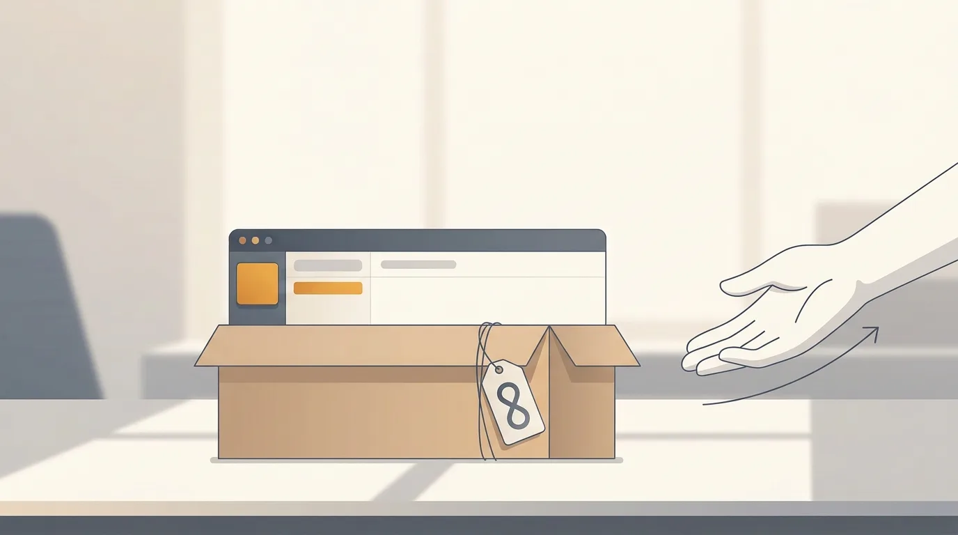 A software app packed in a moving box with a lifetime tag, handed to a new owner