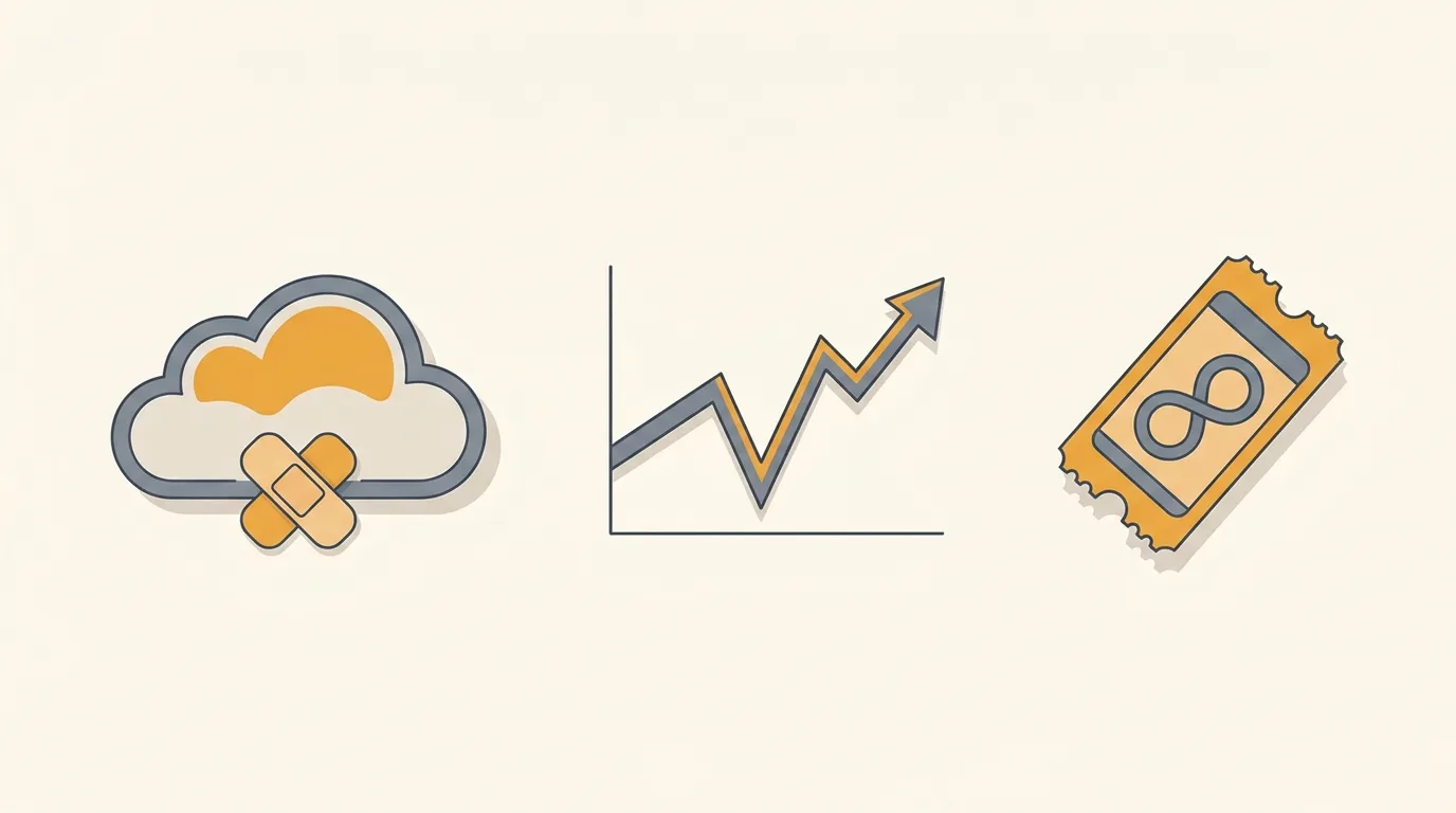 A patched cloud icon beside a chart that dips and recovers, with a lifetime ticket tag