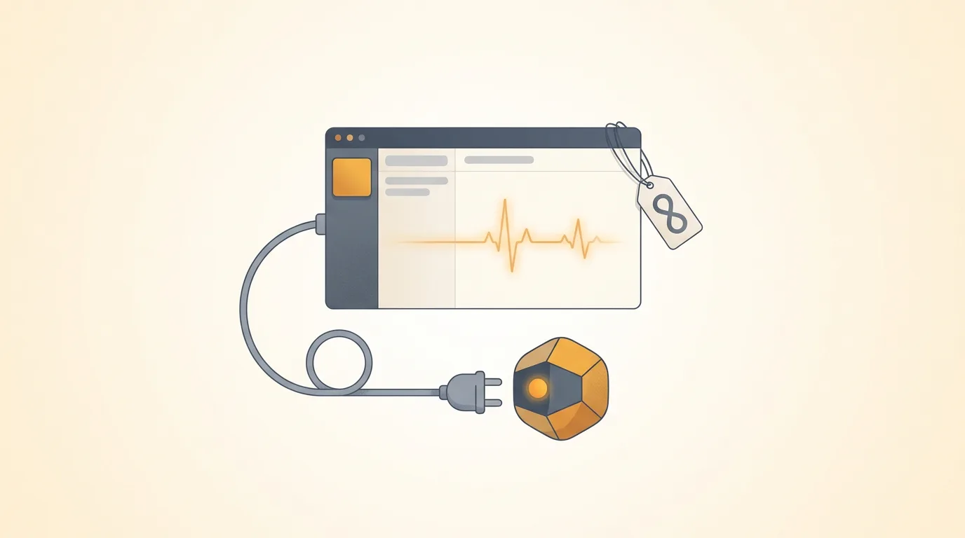 A software app with a pulse line plugged into an AI assistant node, with a lifetime tag