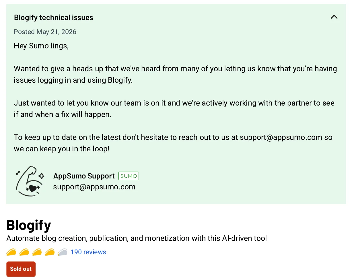 AppSumo notice on the Blogify deal page, posted May 21, 2026, about buyers having issues logging in and using Blogify