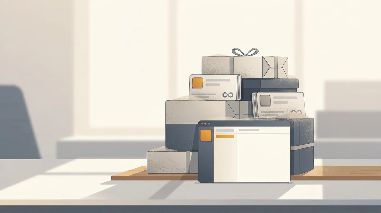 A stack of dusty software boxes and lifetime license cards, with one app window in use