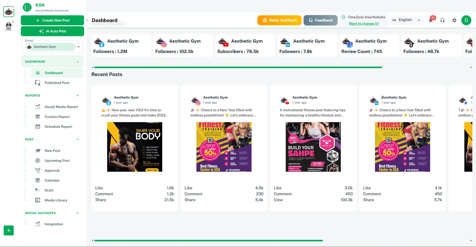 Brand2Social dashboard with follower counts and recent posts
