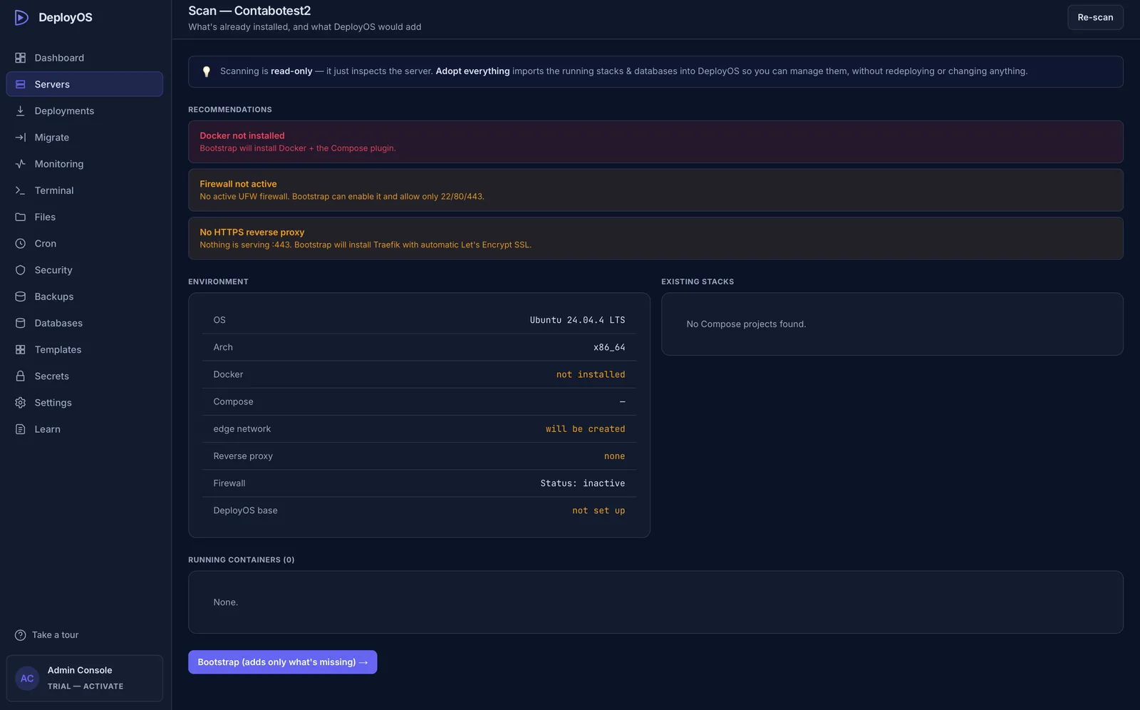 Server scan that adopts services already running on the VPS