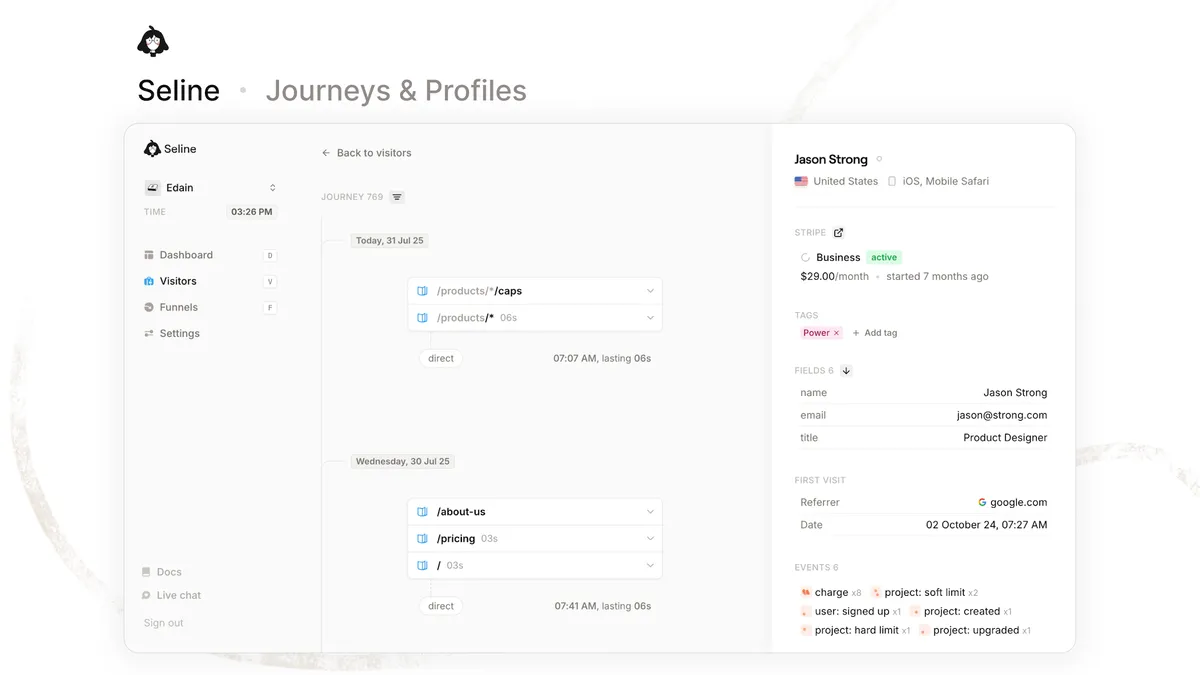 Seline user profile and journey timeline