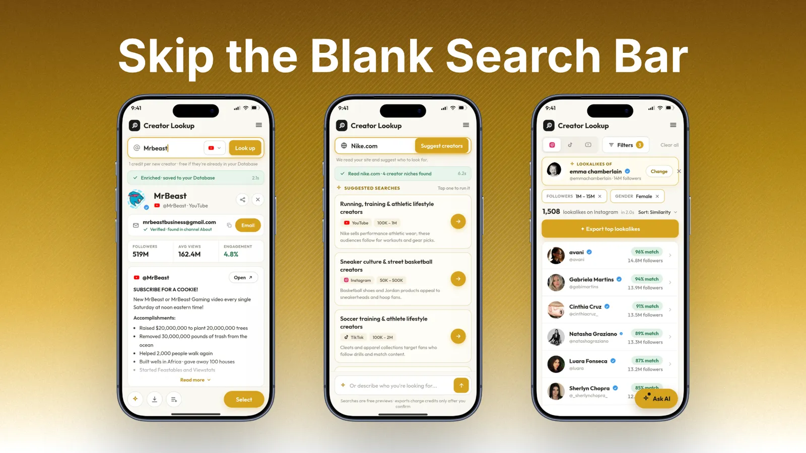 Creator suggestions from a website URL, username lookup, and lookalike filter