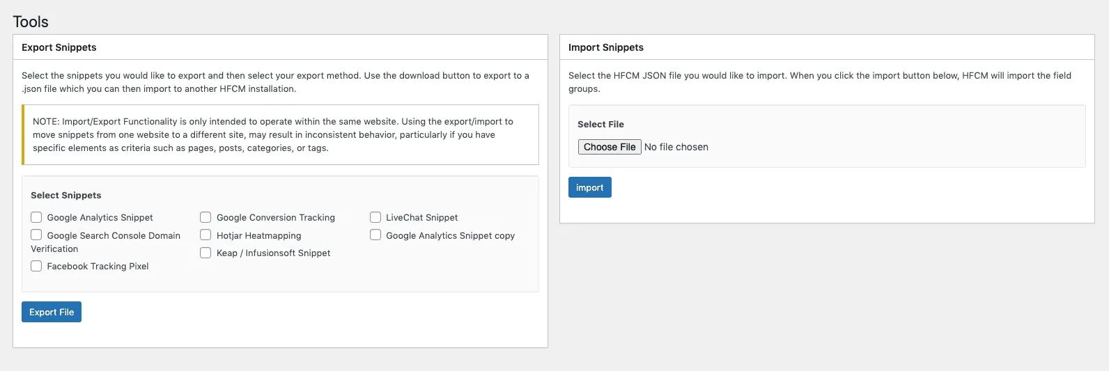 HFCM Pro import and export screen for snippets