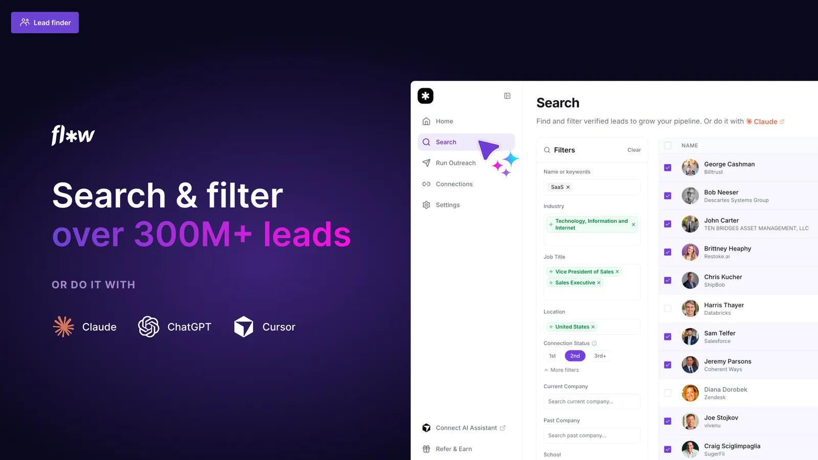 Lead finder searching a database of 300M+ profiles