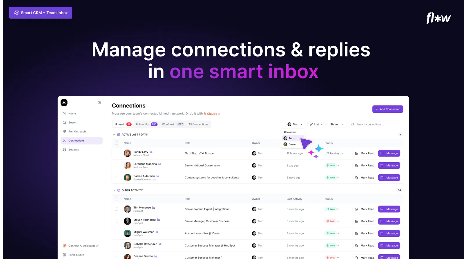 Shared team inbox with reply status and built-in CRM