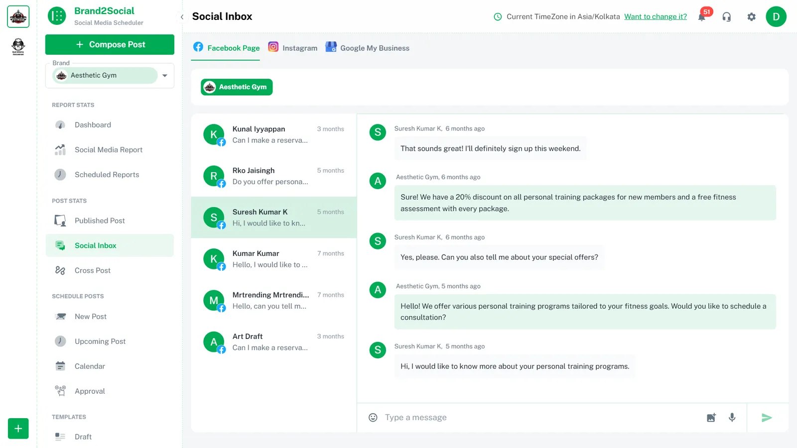 Social inbox for comments, messages, and reviews