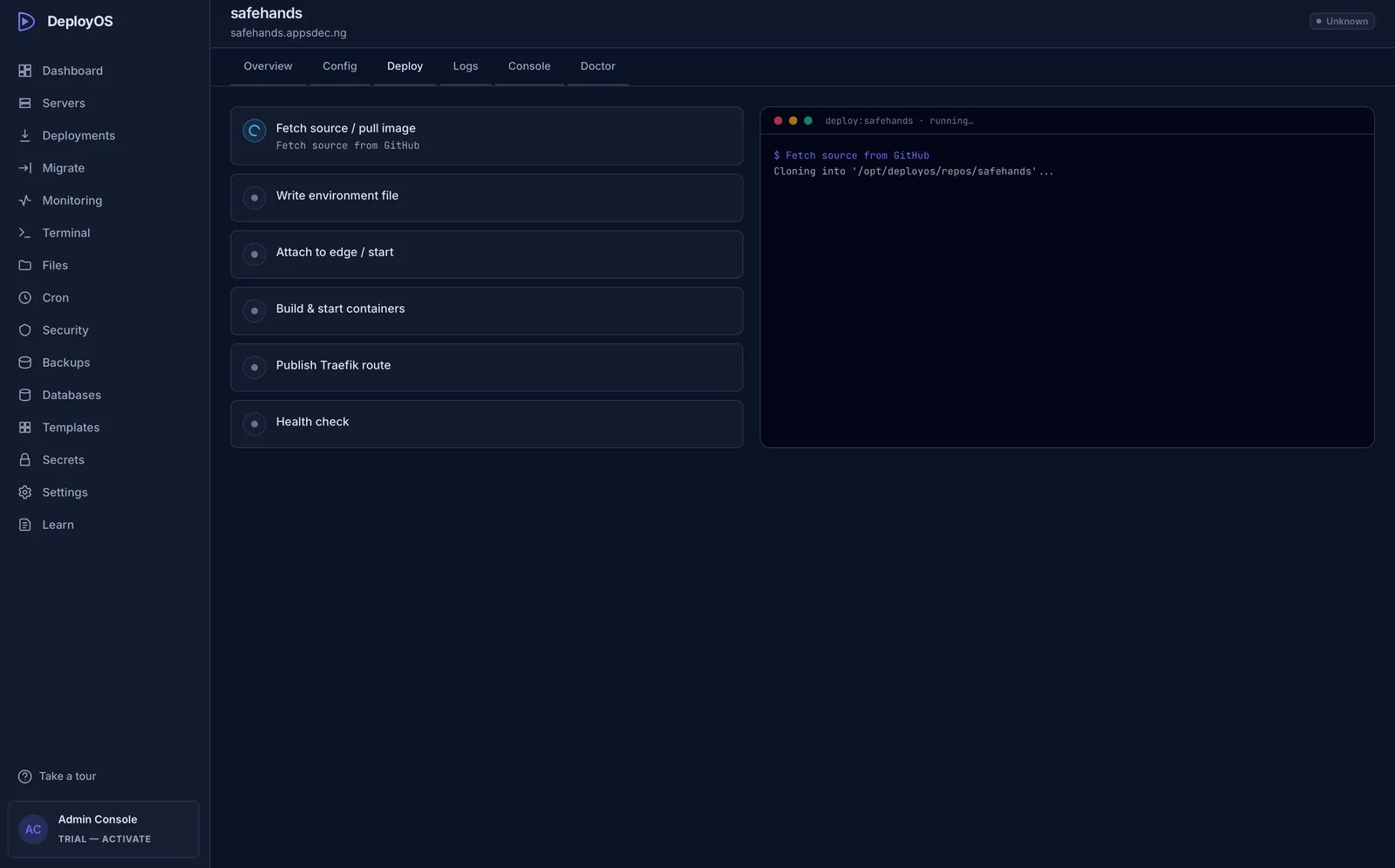 DeployOS dashboard for deploying and managing a VPS
