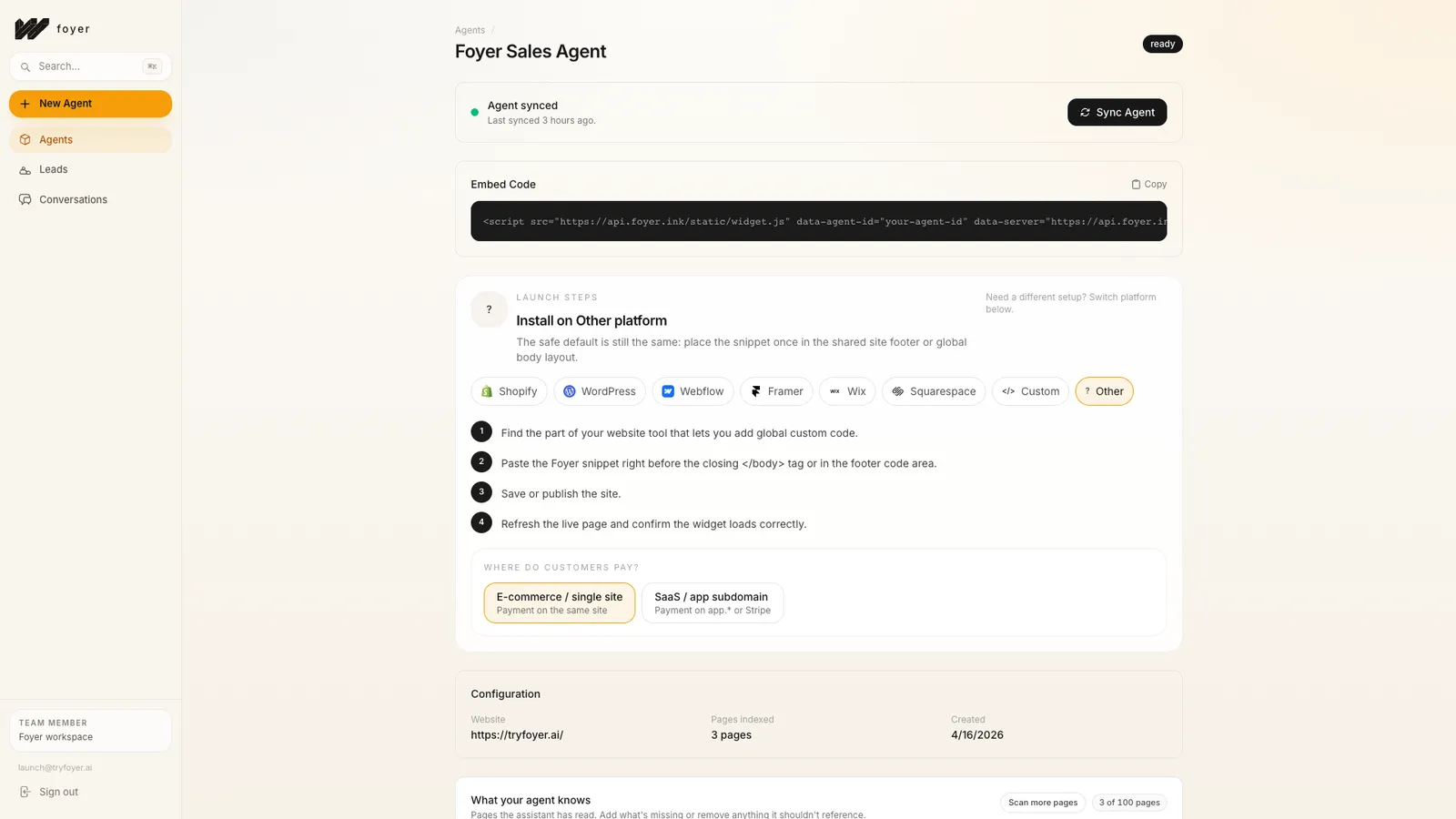 Foyer: Embed code and indexing steps